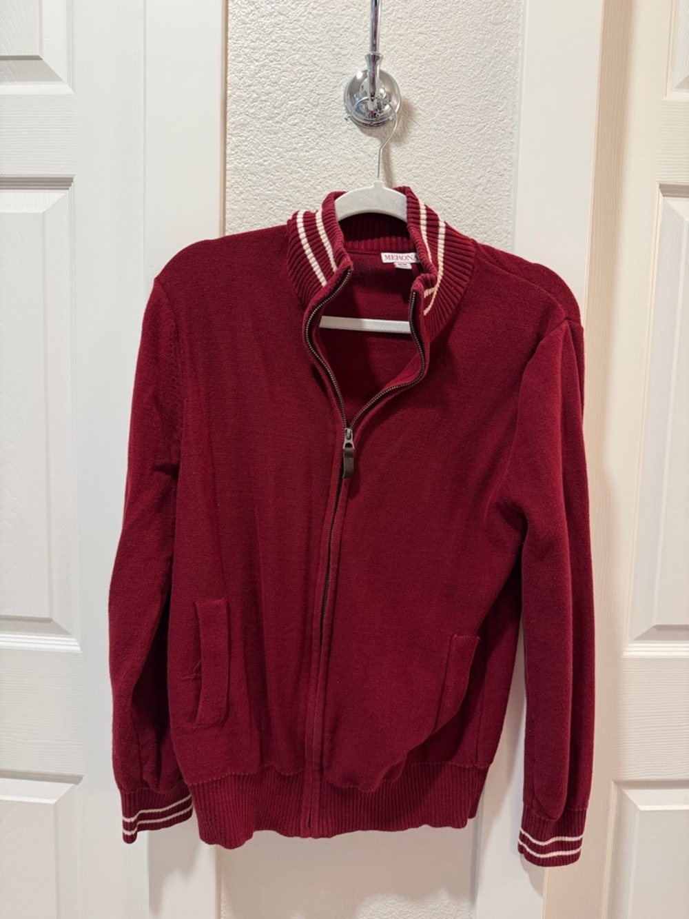 Womens Vintage Merona Burgundy Full-Zip knit Jacket with varsity rugby stripes